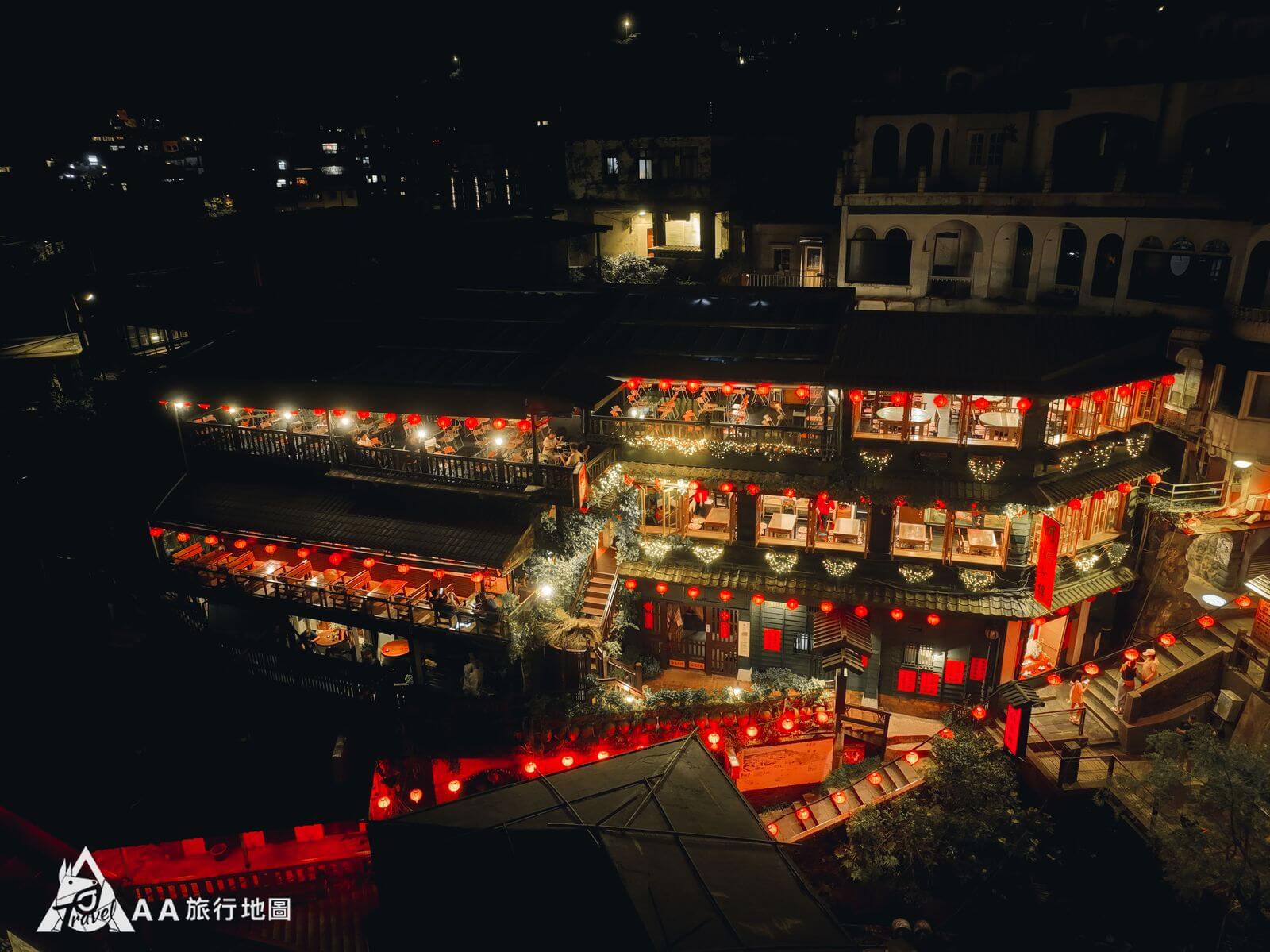 Aerial photo of Amei Teahouse at night